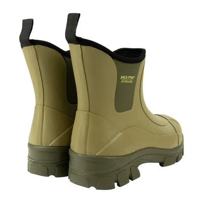 Stylish Jack Pyke Ankle Wellie Boots in olive green with black trim and thick soles