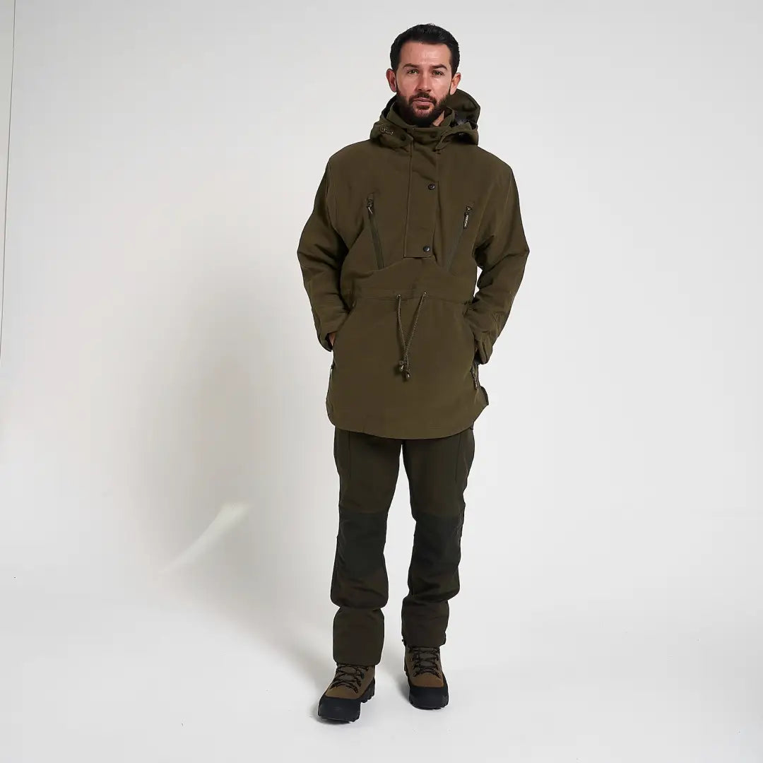 Olive green Jack Pyke Argyll hooded field jacket with button front and drawstring waist