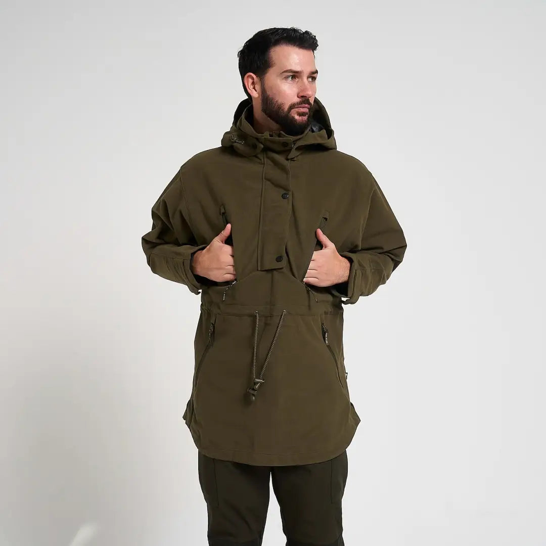 Olive green Jack Pyke Argyll hooded field jacket with drawstring waist and pockets