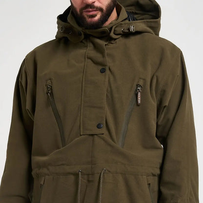 Olive green Jack Pyke Argyll hooded smock with black buttons and drawstring waist