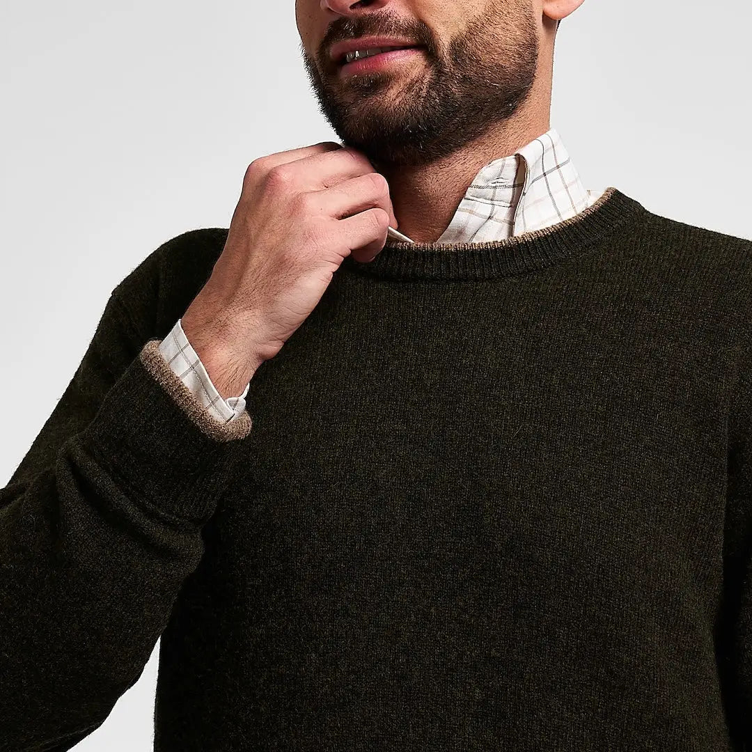 Dark olive green Jack Pyke Ashcombe lambswool crewneck sweater with textured knit and ribbed cuffs