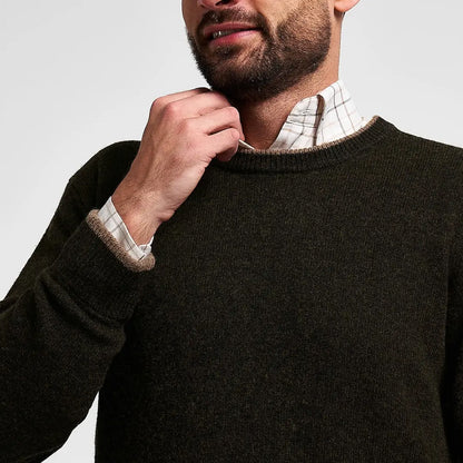 Dark olive green Jack Pyke Ashcombe lambswool crewneck sweater with textured knit and ribbed cuffs