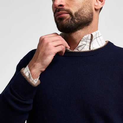 Jack Pyke Ashcombe navy blue lambswool crewknit pullover with plaid collar