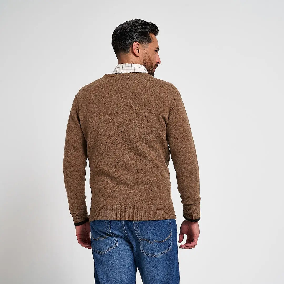 Jack Pyke Ashcombe lambswool crewknit pullover in brown knit over plaid shirt