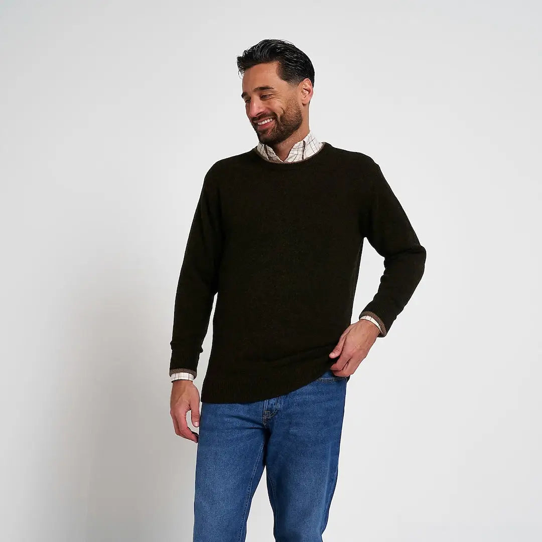 Jack Pyke Ashcombe dark green lambswool crewneck sweater with textured knit and light cuffs