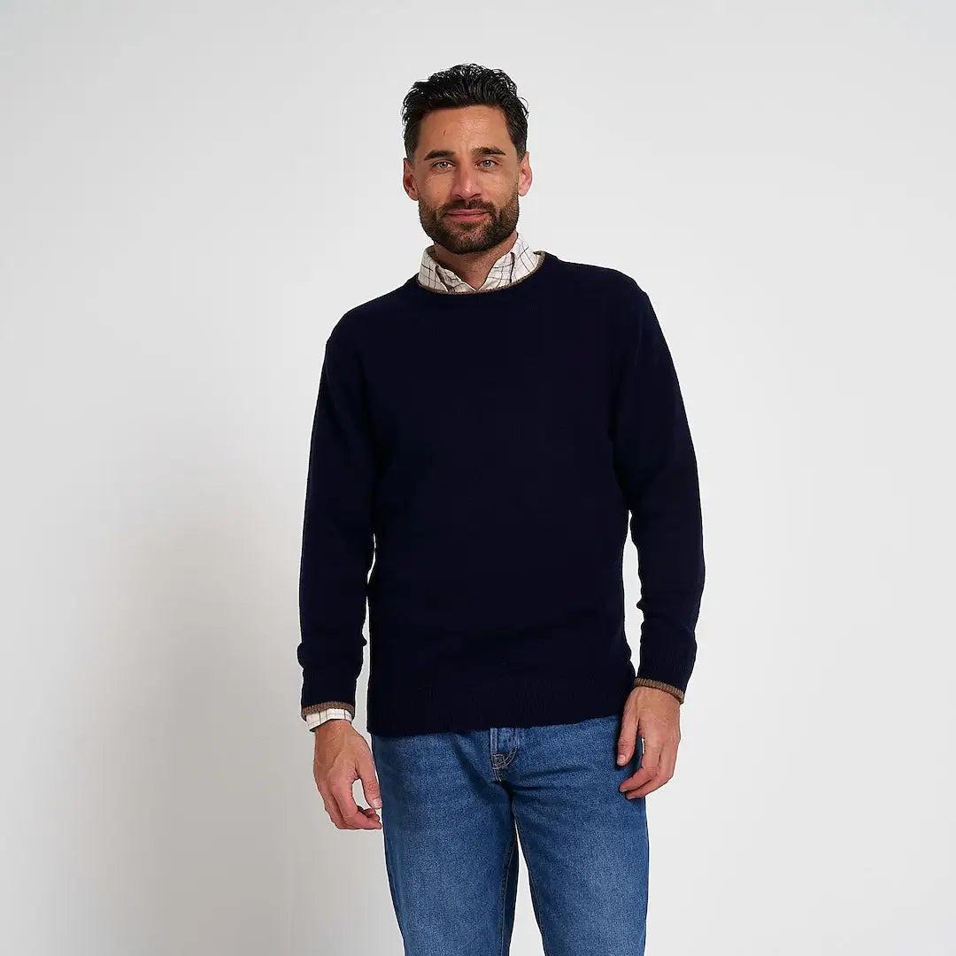 Navy blue Jack Pyke Ashcombe lambswool crewneck sweater with ribbed cuffs