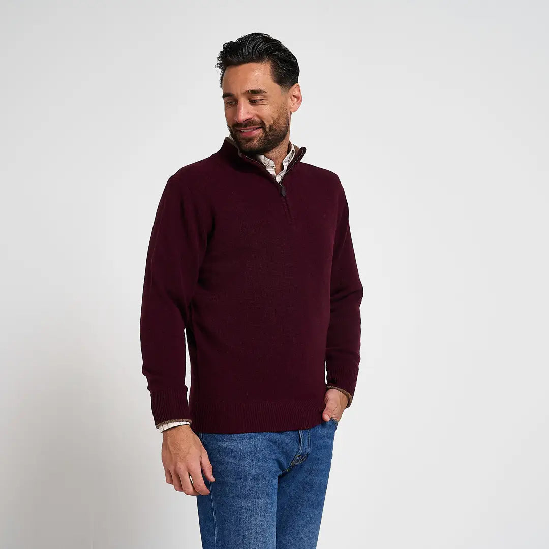 Jack Pyke Ashcombe lambwool zipknit pullover in maroon half-zip style