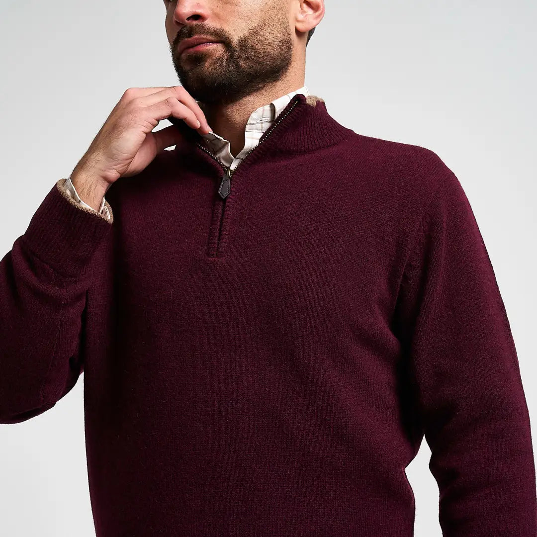 Maroon Jack Pyke Ashcombe lambwool zipknit pullover with ribbed collar