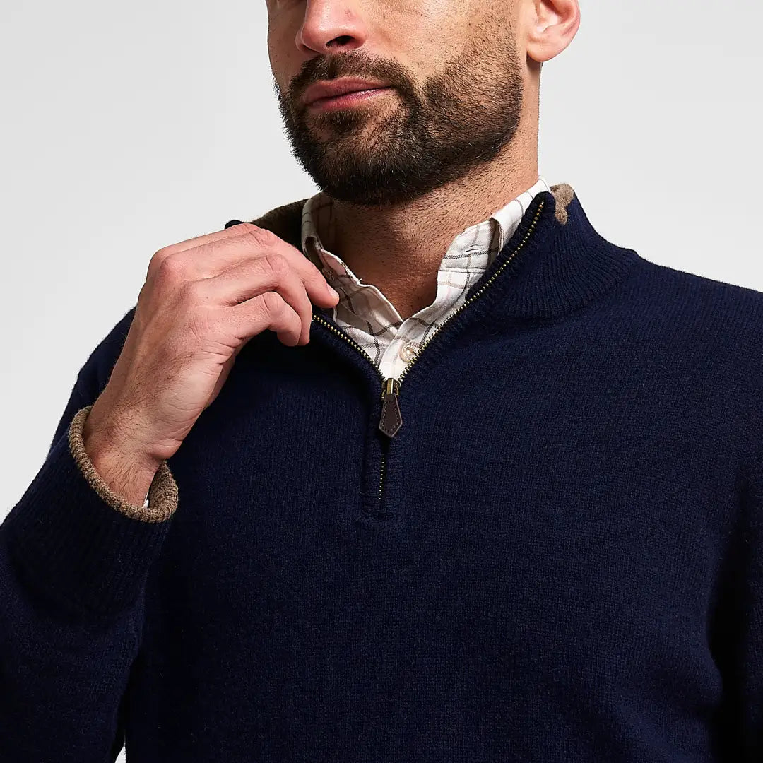 Jack Pyke Ashcombe navy knit quarter-zip sweater with tan fleece collar