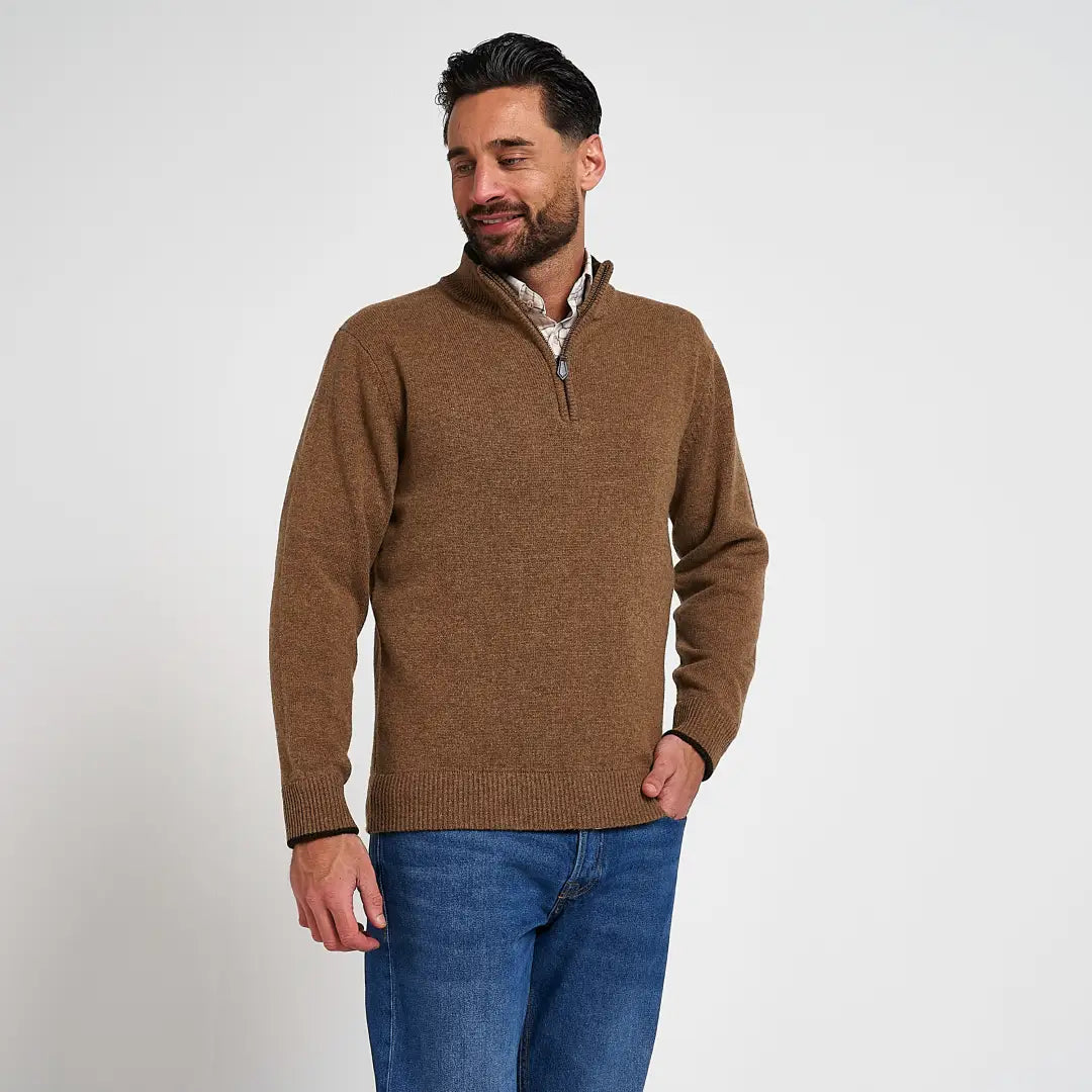 Jack Pyke Ashcombe lambwool zipknit pullover in warm brown knit