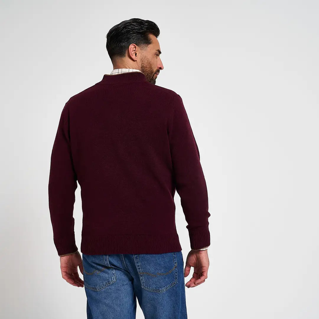 Jack Pyke Ashcombe lambwool zipknit pullover in maroon over collared shirt