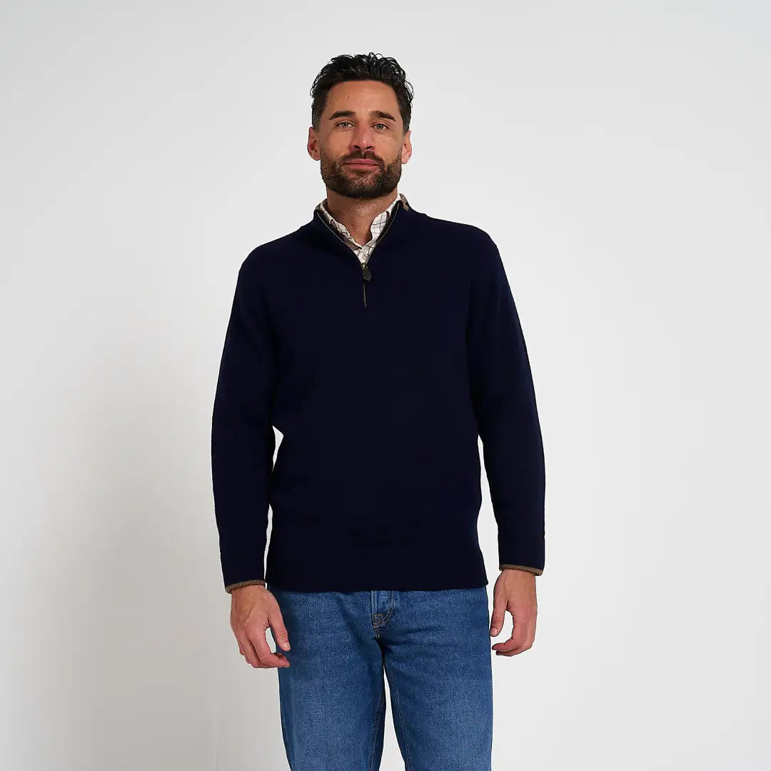 Navy blue Jack Pyke Ashcombe half-zip lambwool sweater with ribbed cuffs