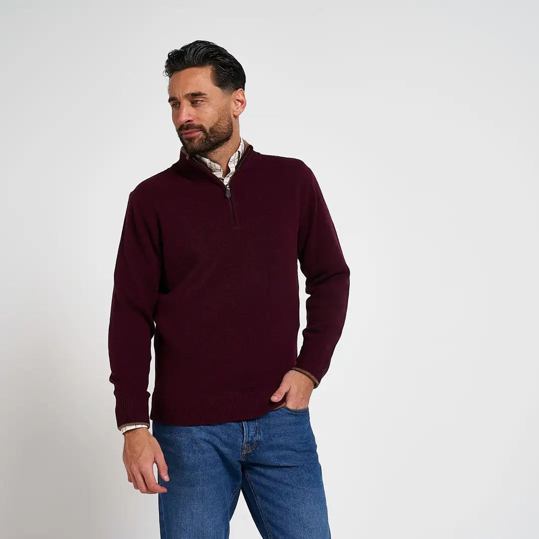 Jack Pyke Ashcombe maroon lambwool zipknit pullover with ribbed cuffs
