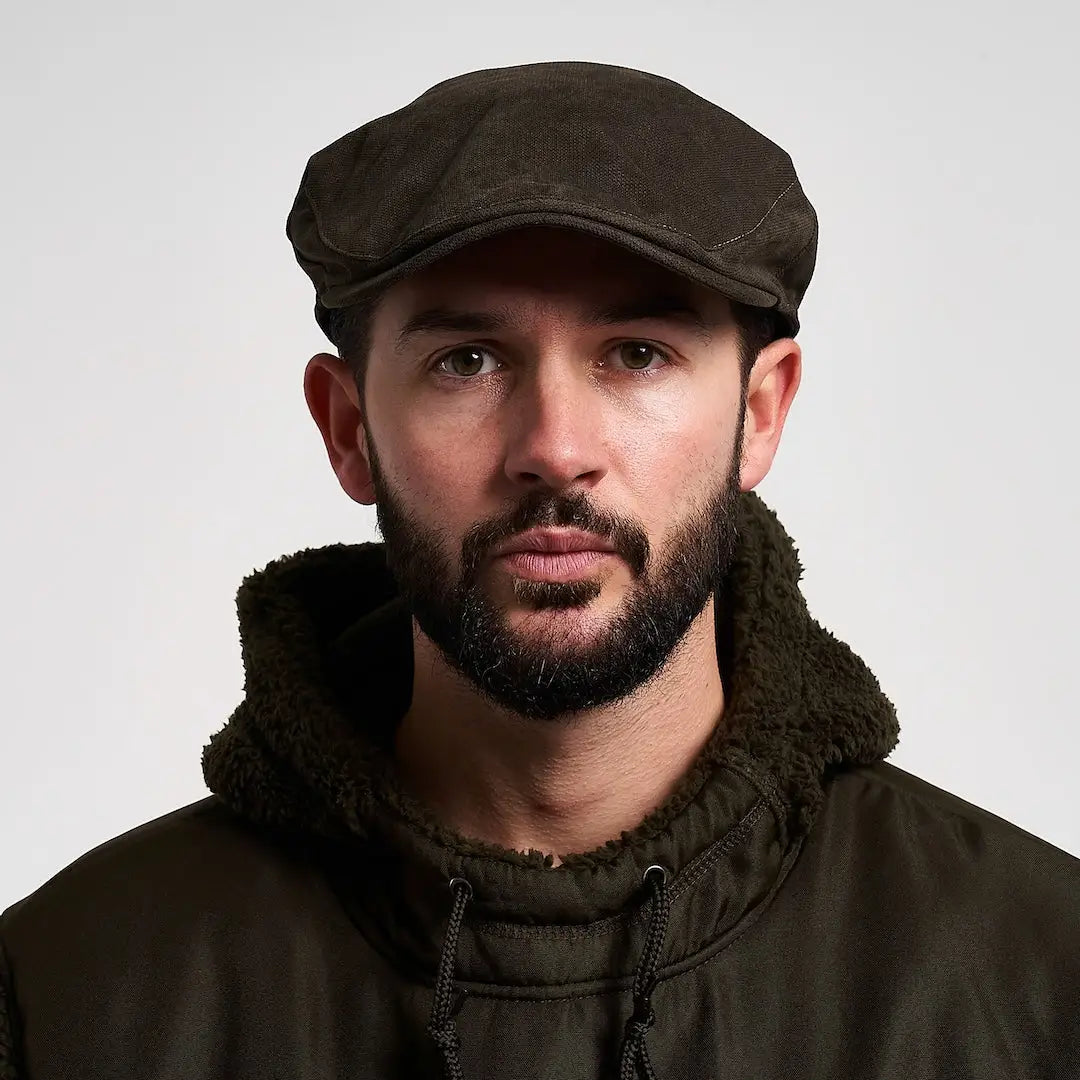 Jack Pyke Ashcombe flat cap in dark brown textured fabric with stitched brim