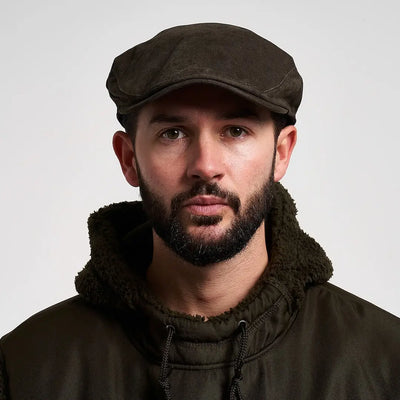 Jack Pyke Ashcombe flat cap in dark brown textured fabric with stitched brim