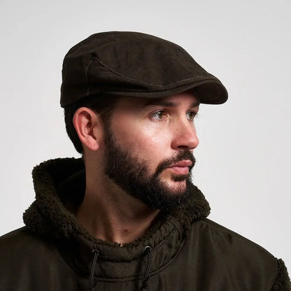 Jack Pyke Ashcombe flat cap in dark brown textured fabric with stitched seams