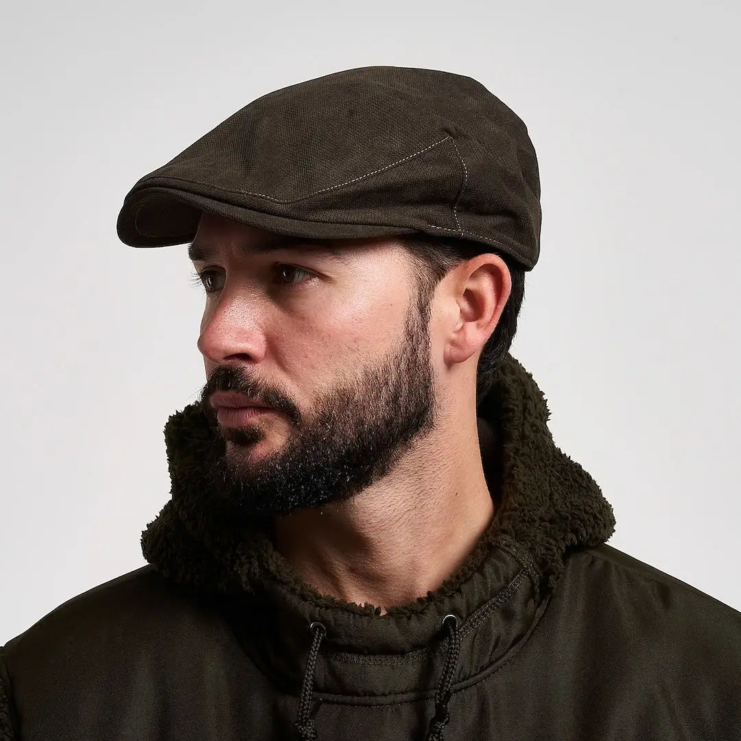 Dark olive Jack Pyke Ashcombe flat cap with textured fabric and stitching