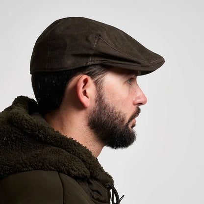 Jack Pyke Ashcombe flat cap in dark brown corduroy with visible stitching