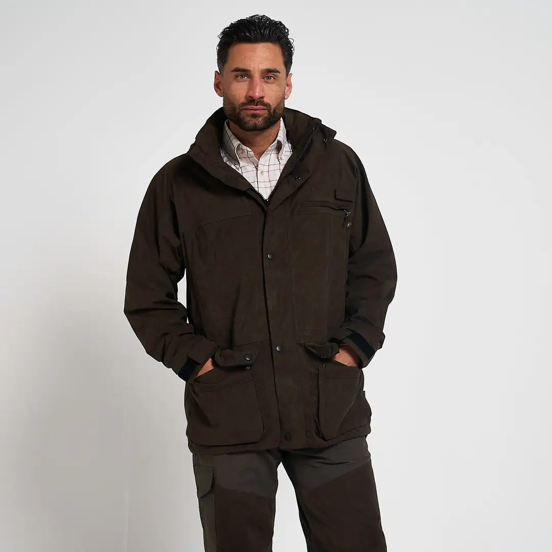 Dark brown water-resistant Jack Pyke Ashcombe field jacket with hood and pockets