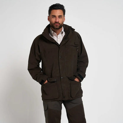 Dark brown water-resistant Jack Pyke Ashcombe field jacket with hood and pockets
