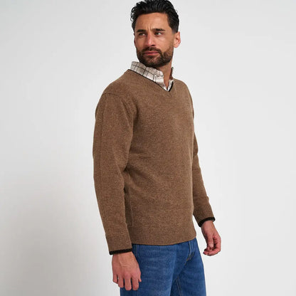 Jack Pyke Ashcombe mens camel v-neck sweater with ribbed cuffs