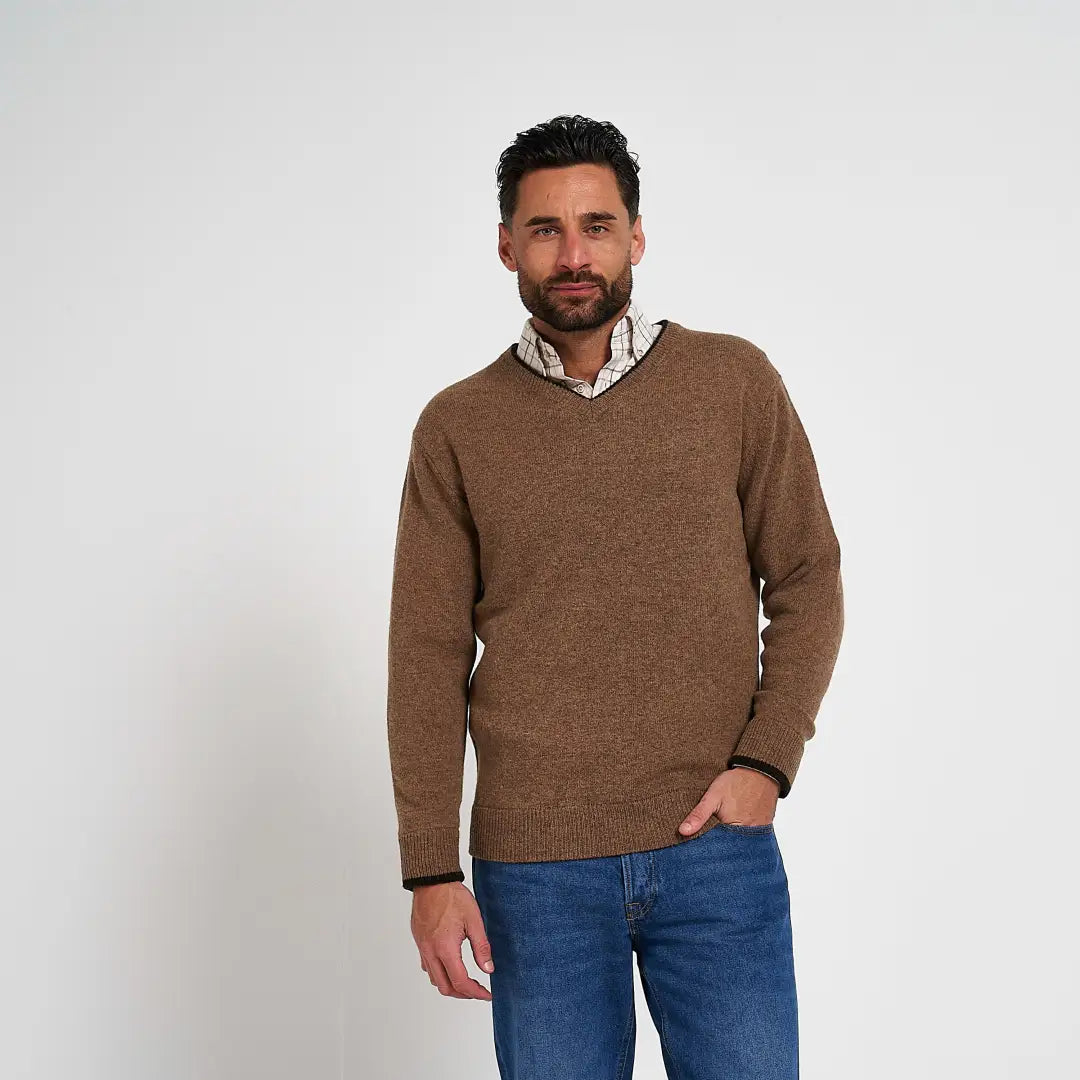 Jack Pyke Ashcombe mens brown V-neck jumper over plaid shirt