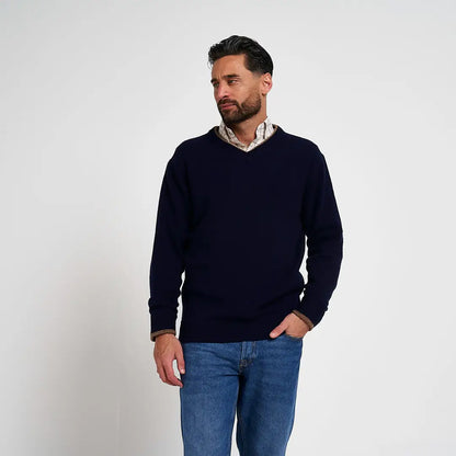 Jack Pyke Ashcombe navy blue v-neck jumper with textured knit and brown cuffs