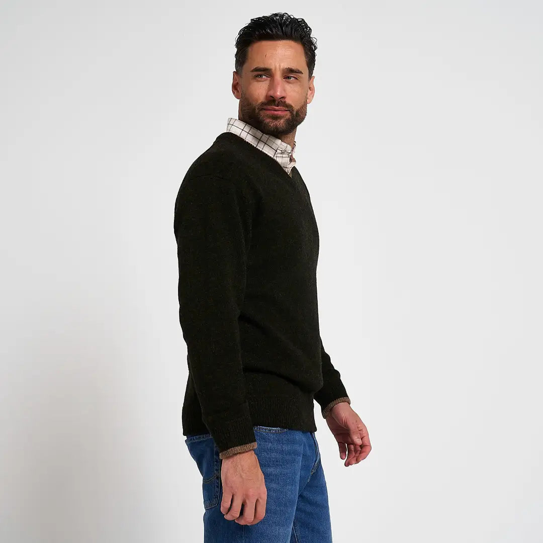 Jack Pyke Ashcombe black v-neck jumper over plaid shirt