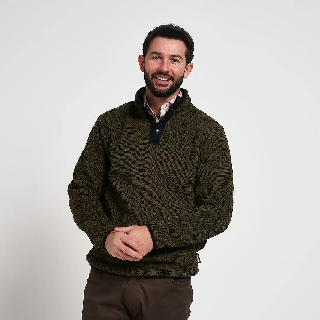 Olive green textured Ashdown Fleece half-high neck top with dark buttons