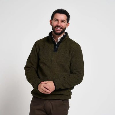 Olive green textured Ashdown Fleece half-high neck top with dark buttons