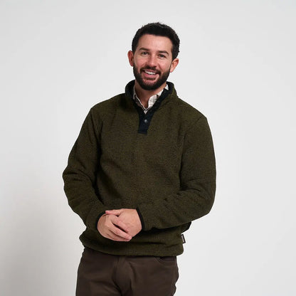 Olive green textured Ashdown Fleece half-high neck top with dark buttons