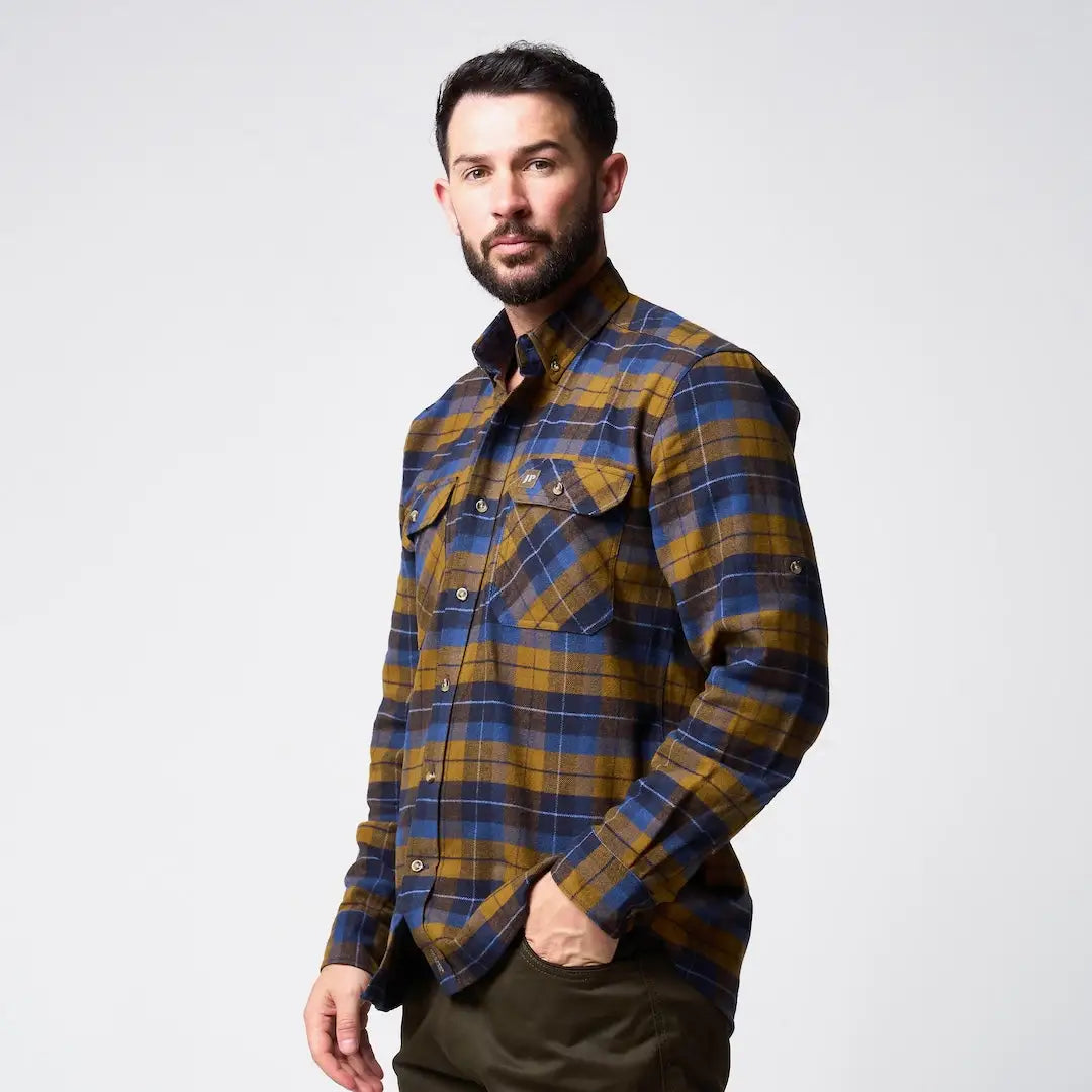 Jack Pyke Bleasdale heavy flannel shirt in blue plaid with yellow accents