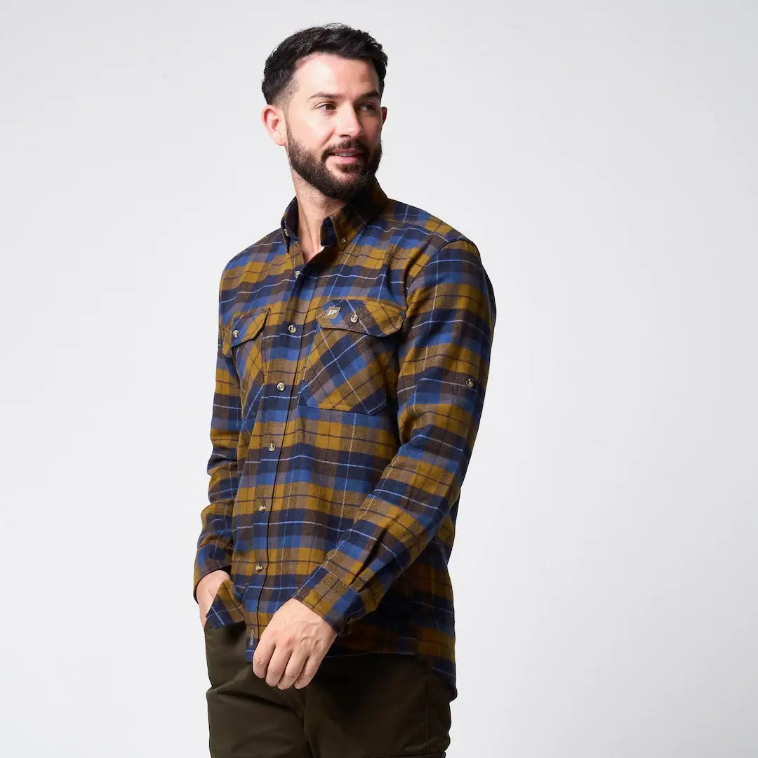 Jack Pyke Bleasdale heavy flannel shirt in blue plaid with yellow accents