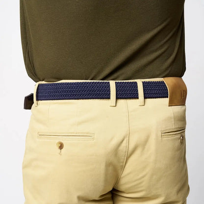 Jack Pyke Countryman elasticated belt in navy blue with tan leather buckle