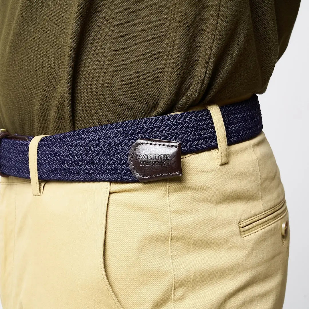 Navy blue Jack Pyke Countryman elasticated belt with brown leather tab