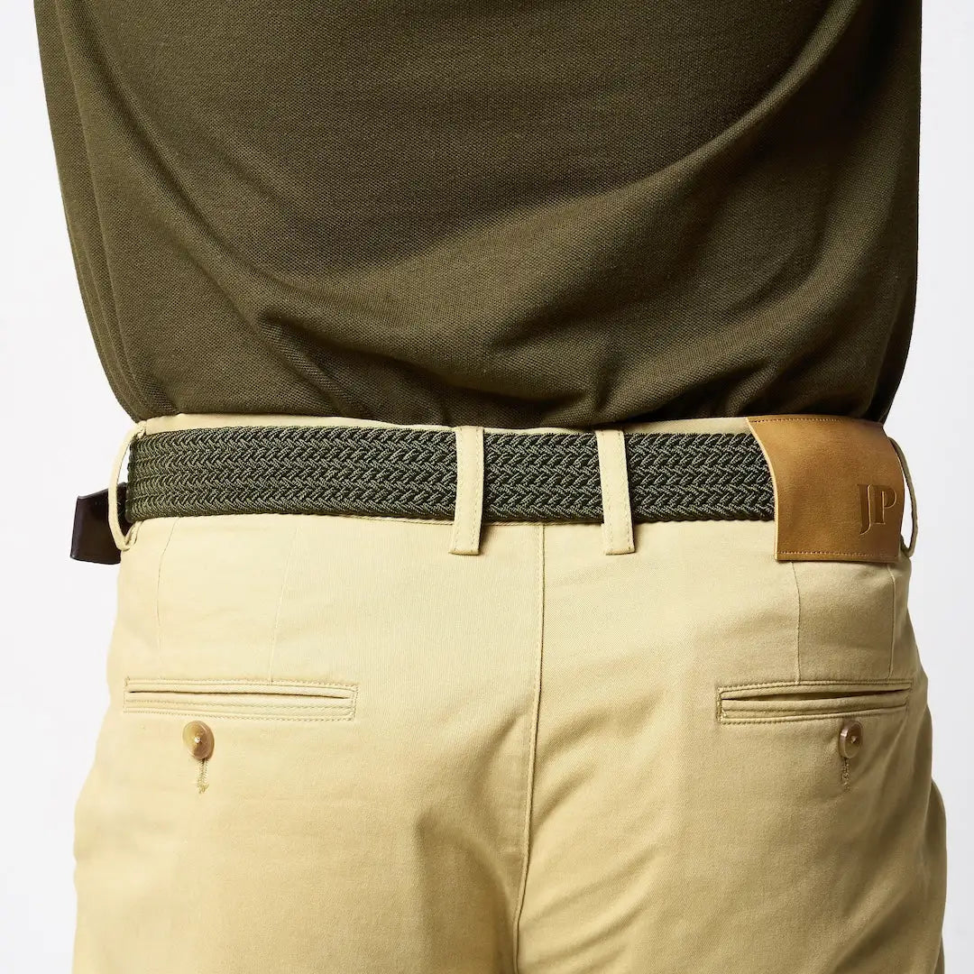 Jack Pyke Countryman elasticated belt in olive green with tan leather jp logo tab