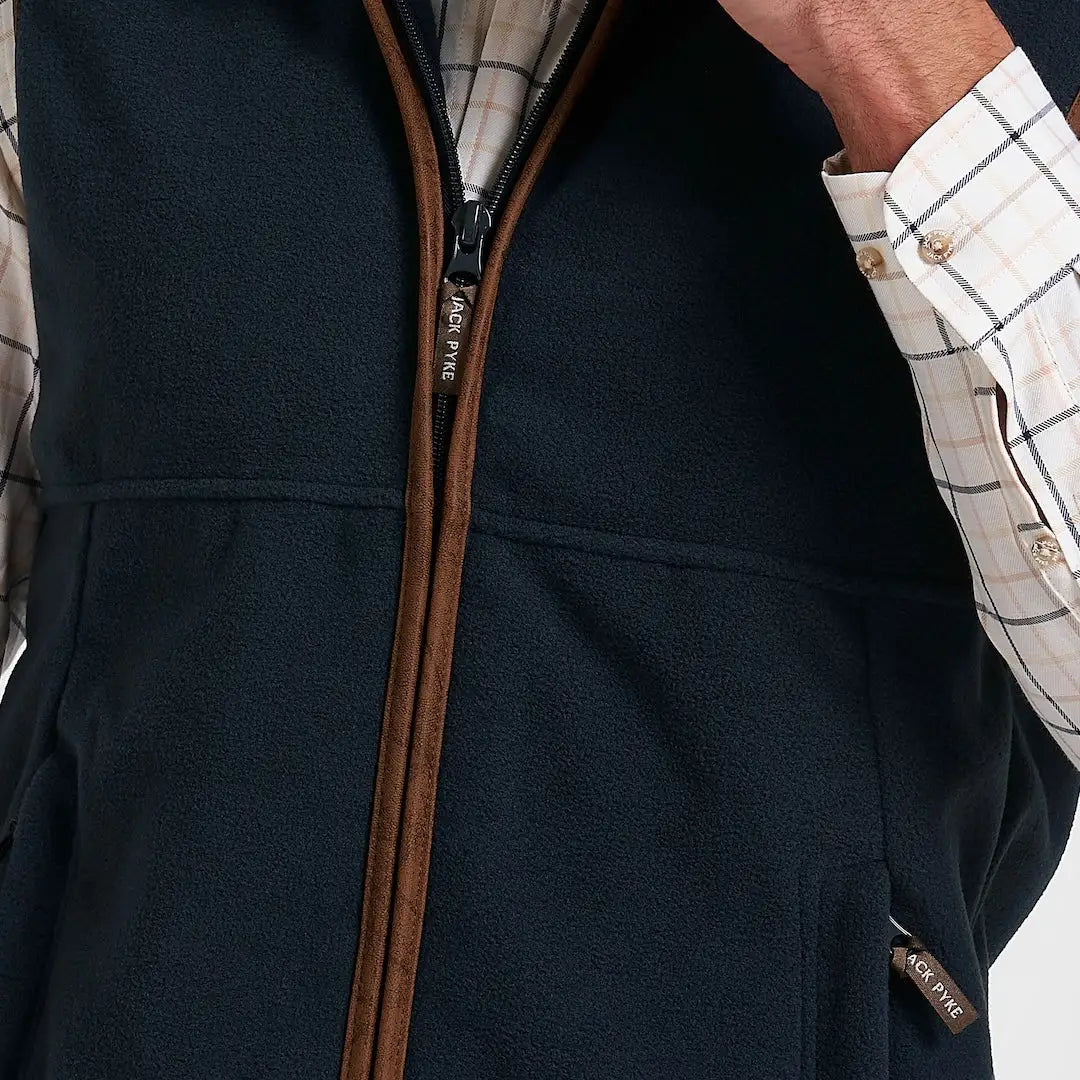 Dark navy Jack Pyke Countryman Fleece Gilet with brown zipper, 300gsm micro fleece