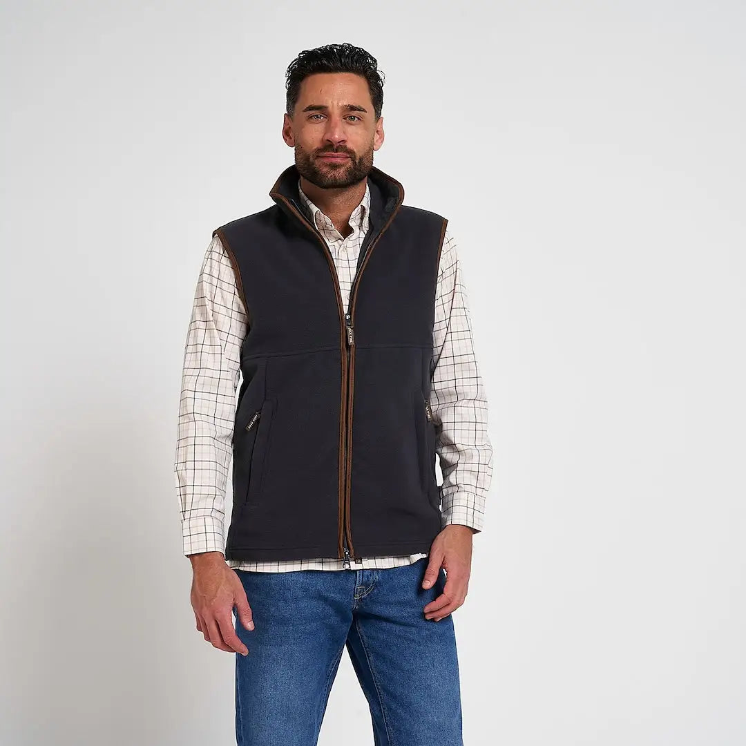 Navy blue Jack Pyke Countryman 300gsm micro fleece gilet with brown leather trim