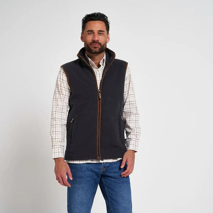 Navy blue Jack Pyke Countryman 300gsm micro fleece gilet with brown leather trim