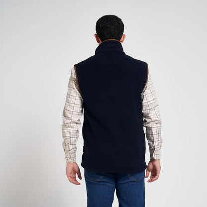 Navy blue Jack Pyke Countryman 300gsm fleece gilet with brown leather trim