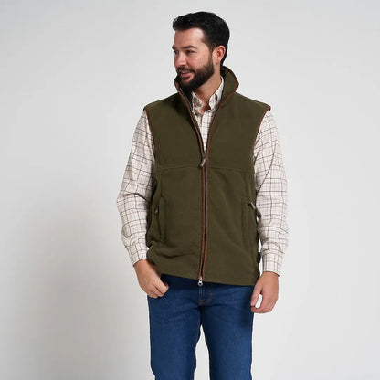 Jack Pyke Countryman olive green 300gsm micro fleece gilet with brown zipper and nubuck piping
