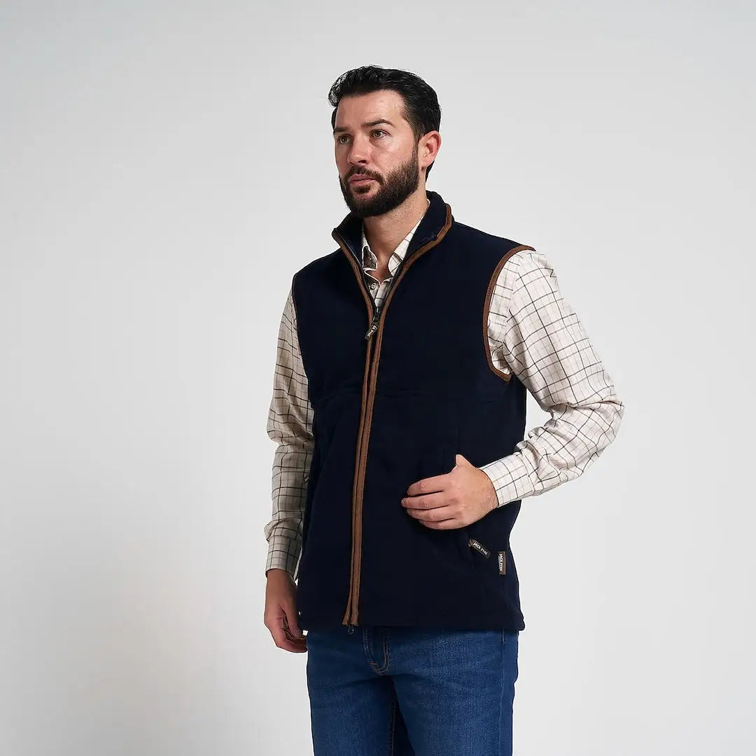 Jack Pyke Countryman 300gsm fleece gilet in navy blue with brown leather trim