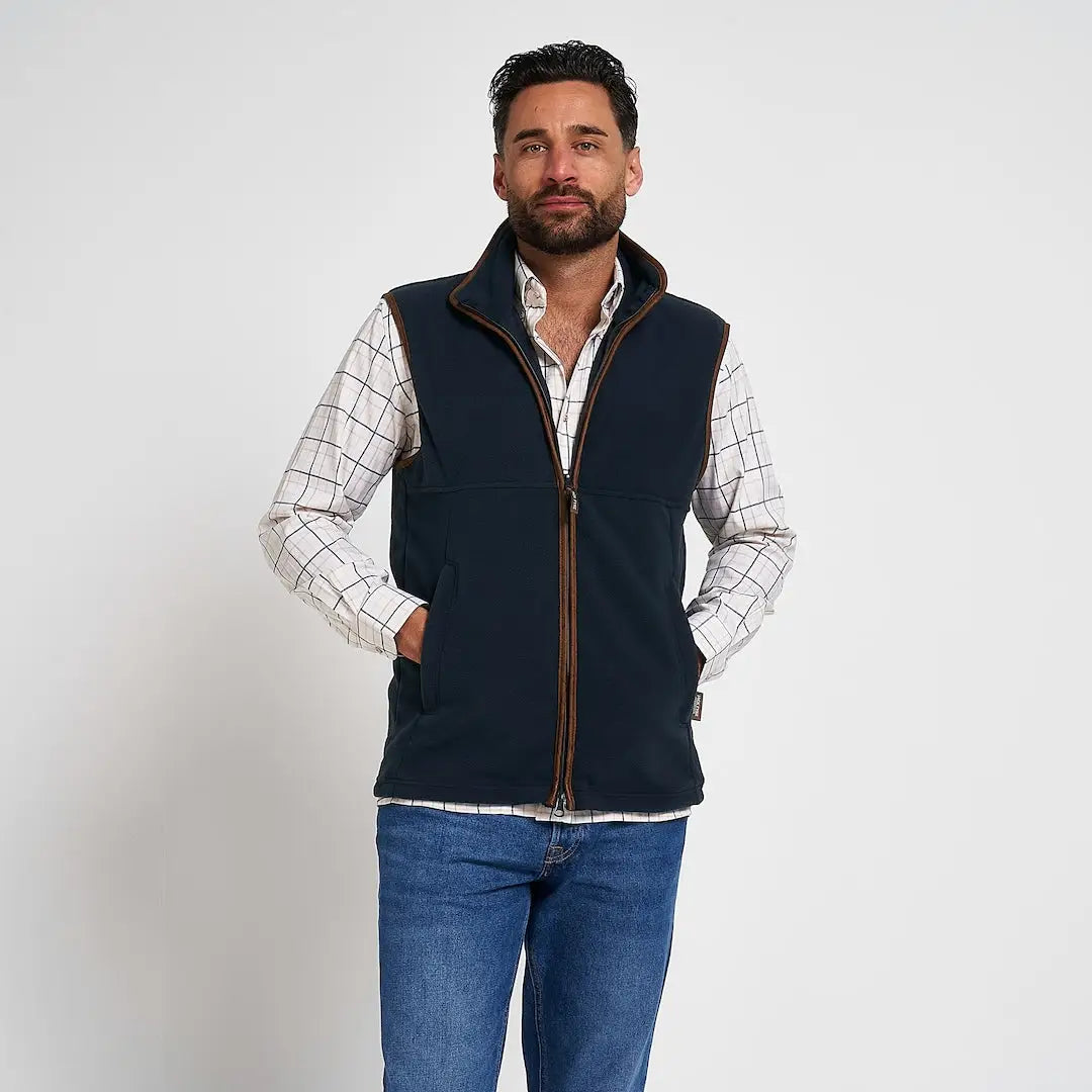 Navy blue Jack Pyke Countryman Fleece Gilet with 300gsm micro fleece, brown zipper trim