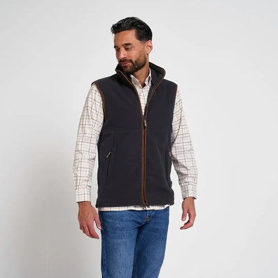 Dark navy Jack Pyke Countryman 300gsm micro fleece gilet with brown trim