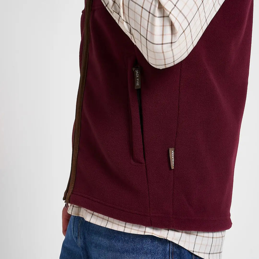 Jack Pyke Countryman Fleece Gilet in maroon with brown zipper and 300gsm micro fleece