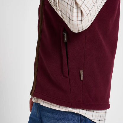 Jack Pyke Countryman Fleece Gilet in maroon with brown zipper and 300gsm micro fleece
