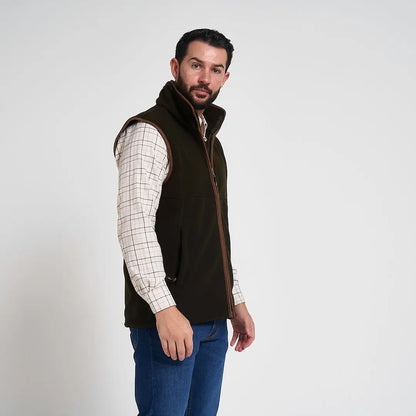 Olive green Jack Pyke Countryman fleece gilet with brown leather trim