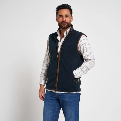 Navy blue Jack Pyke Countryman Fleece Gilet with 300gsm micro fleece, brown trim, zipper details