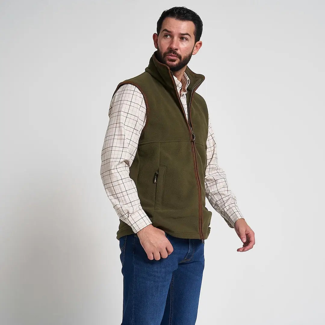 Jack Pyke Countryman olive green 300gsm micro fleece gilet with brown zipper