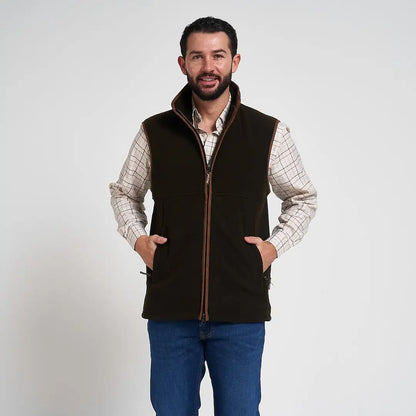Jack Pyke Countryman superb 300gsm micro fleece gilet in brown with tan leather trim